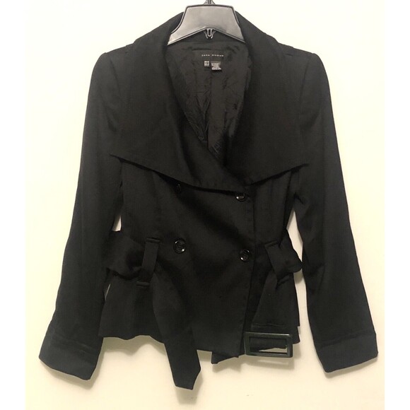 Zara Woman Double Breasted Short Peacoat Coat Jacket Wool Size 8 Black W/ Belt - Picture 1 of 4